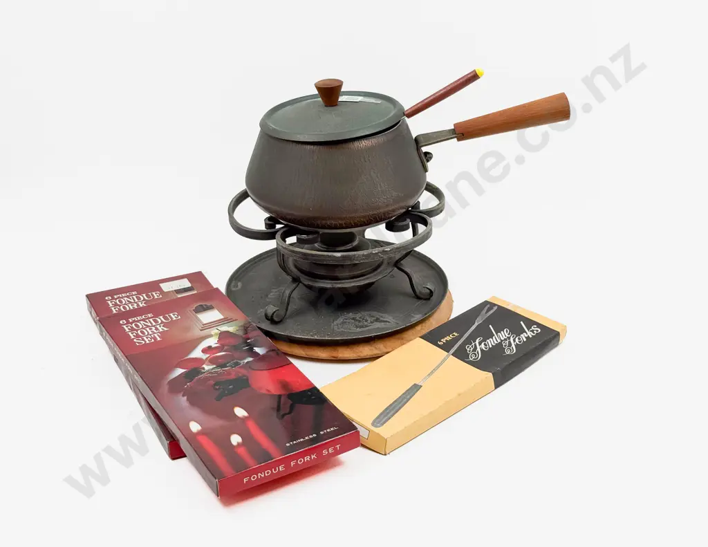 C20th Fondue Set with Assorted Boxed Fondue Forks Image 1++