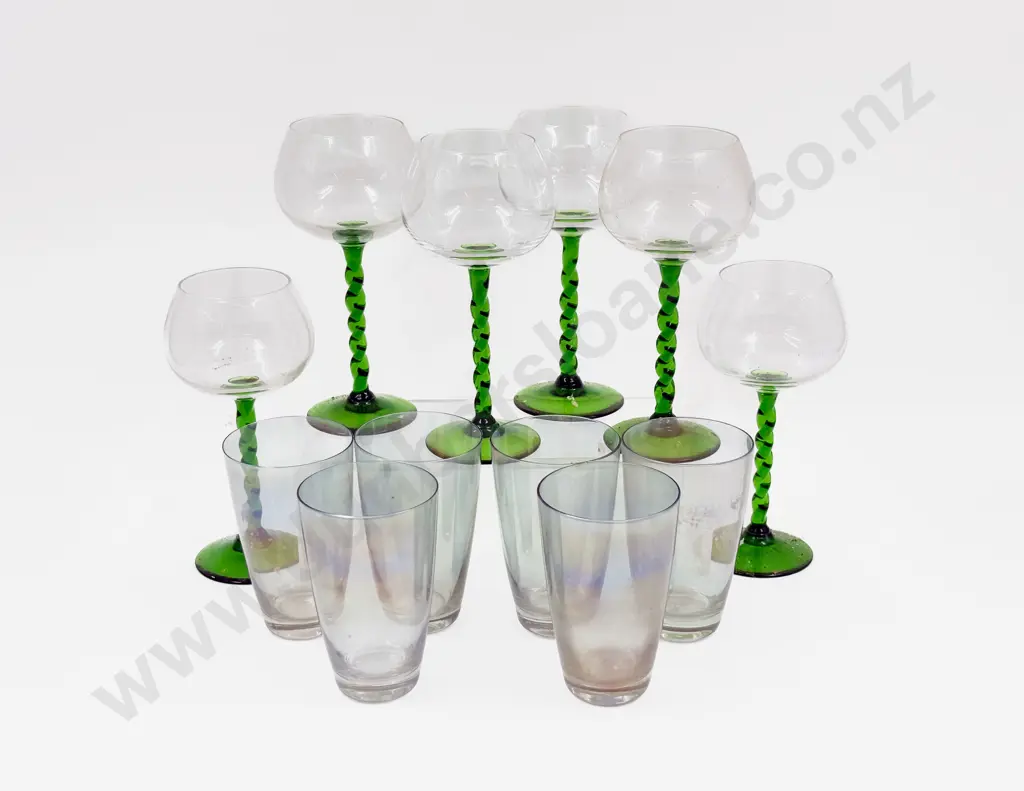 Six Green Stemmed Wine Goblets & Six Lustre Glasses Image 1++