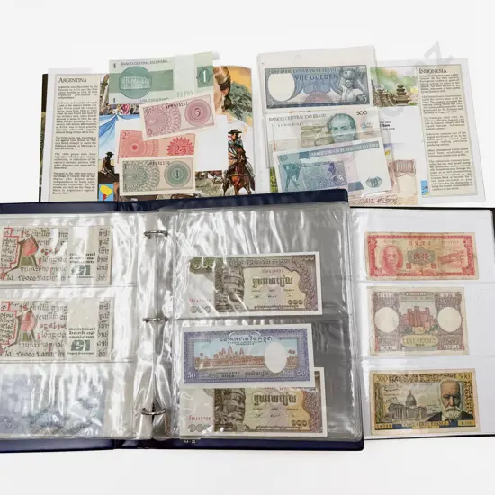Two Bank Note Albums Vintage and Modern World (23) with Currency Collection Folder