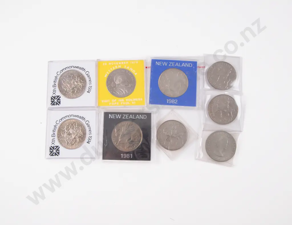 NZ Four Commemorative $1 1970 Samoa $1 1977 Royal Jubilee Coin x3 and Churchill Image 1++
