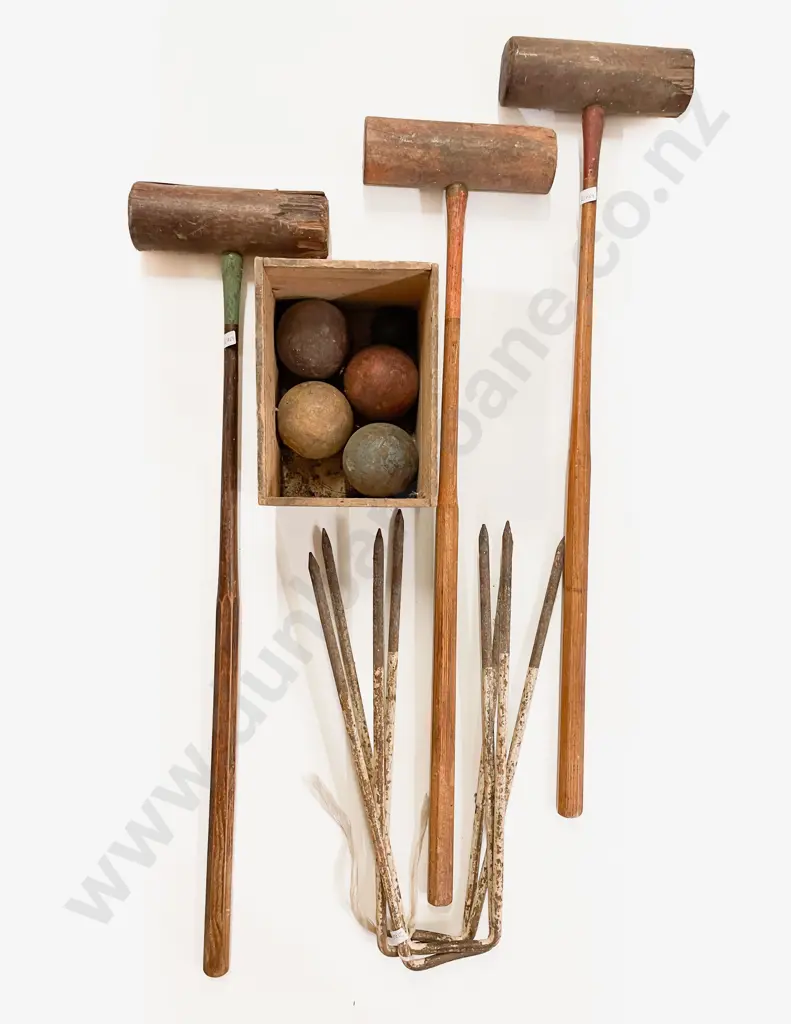 Three Croquet Mallets together with Balls & Hoops Image 1++
