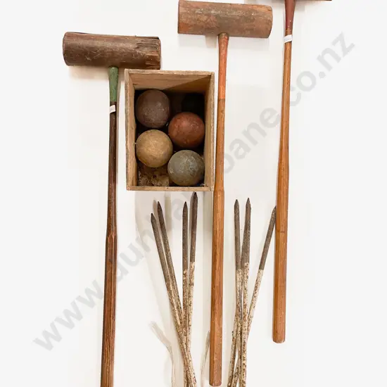 Three Croquet Mallets together with Balls & Hoops