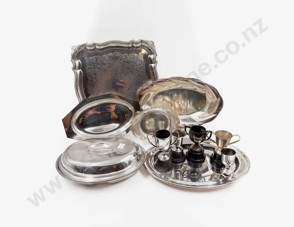 Quantity of Assorted S/P Entree Dishes & Trays together with Small Assortment of Trophies Image 1++