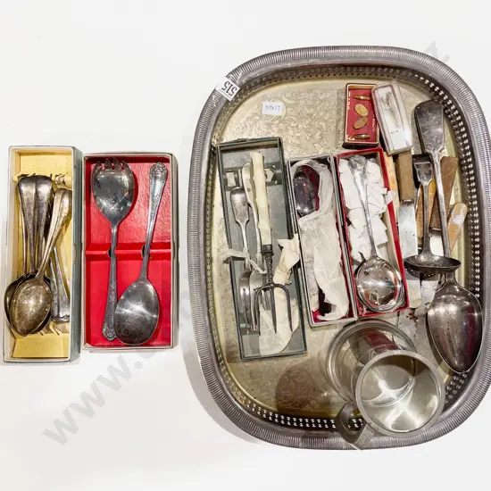 Quantity of Assorted Boxed & Other S/P Cutlery on Plated Gallery Tray