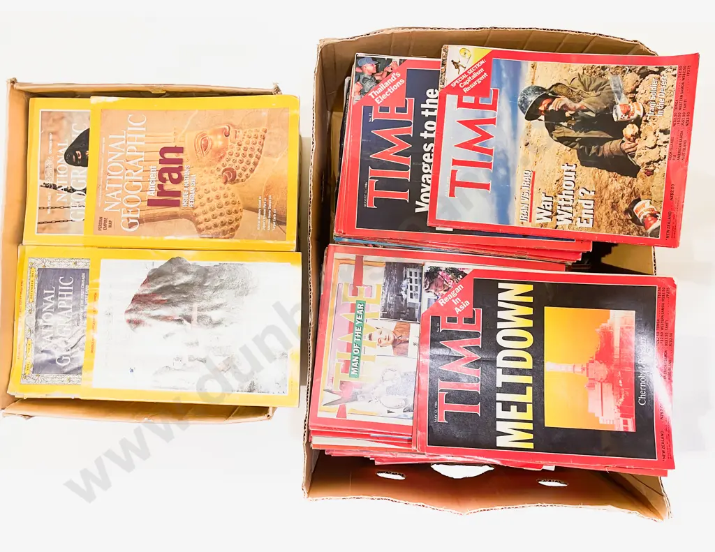 Box of Assorted National Geographics together with Other Box of Assorted Time Magazines Image 1++