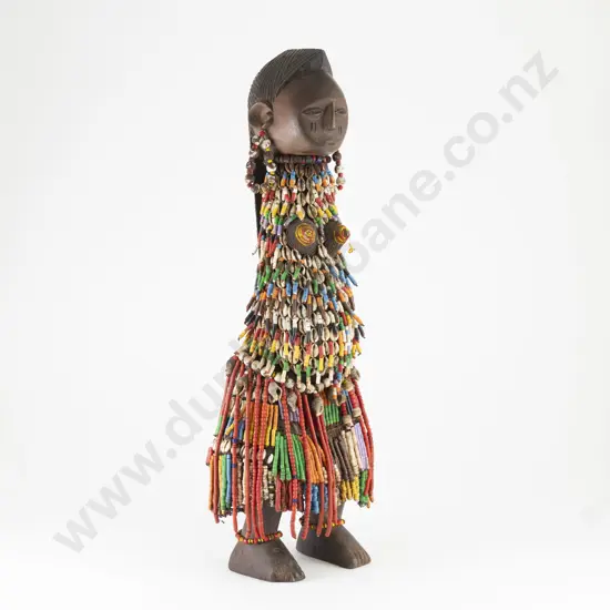 Antique African Carved Hardwood Female Form Covered in Trade Beads