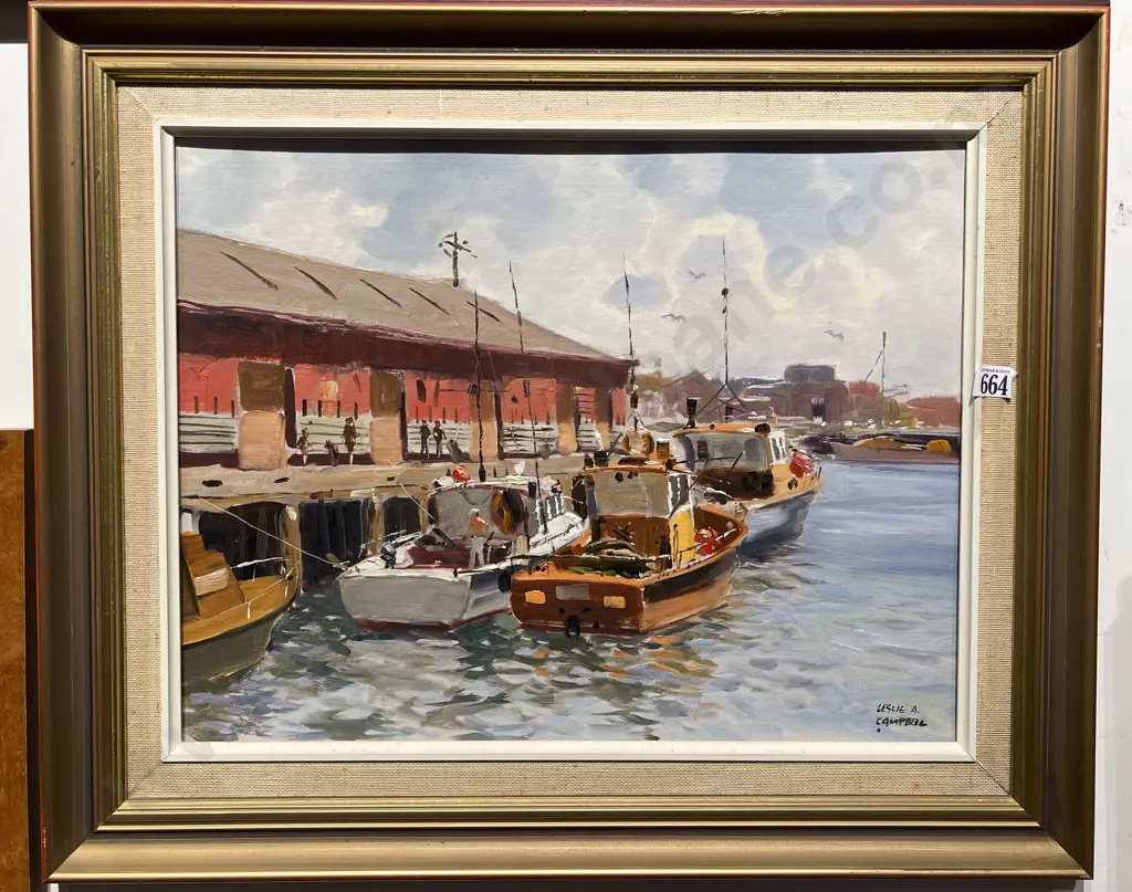 Leslie Campbell - Wharfside Harbour Scene - Oil on Board Image 1++