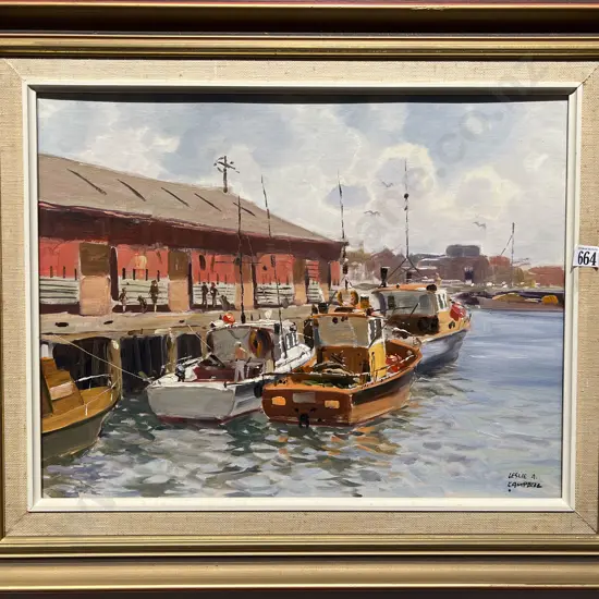 Leslie Campbell - Wharfside Harbour Scene - Oil on Board