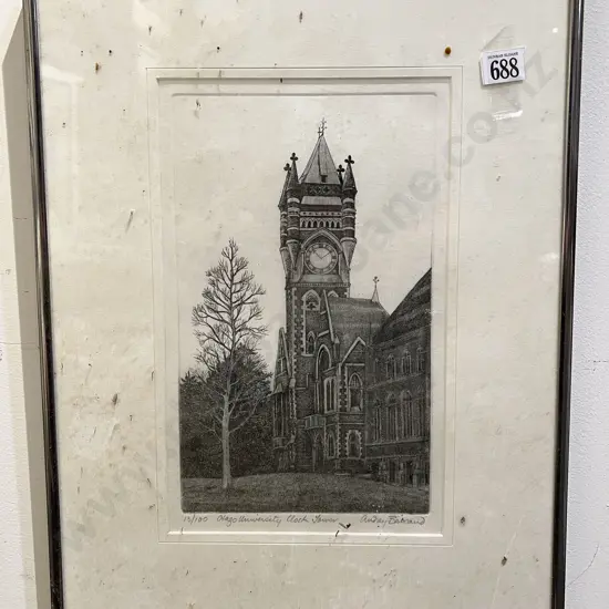 Audrey Bascand - "Otago University Clock Tower" - Drypoint Etching