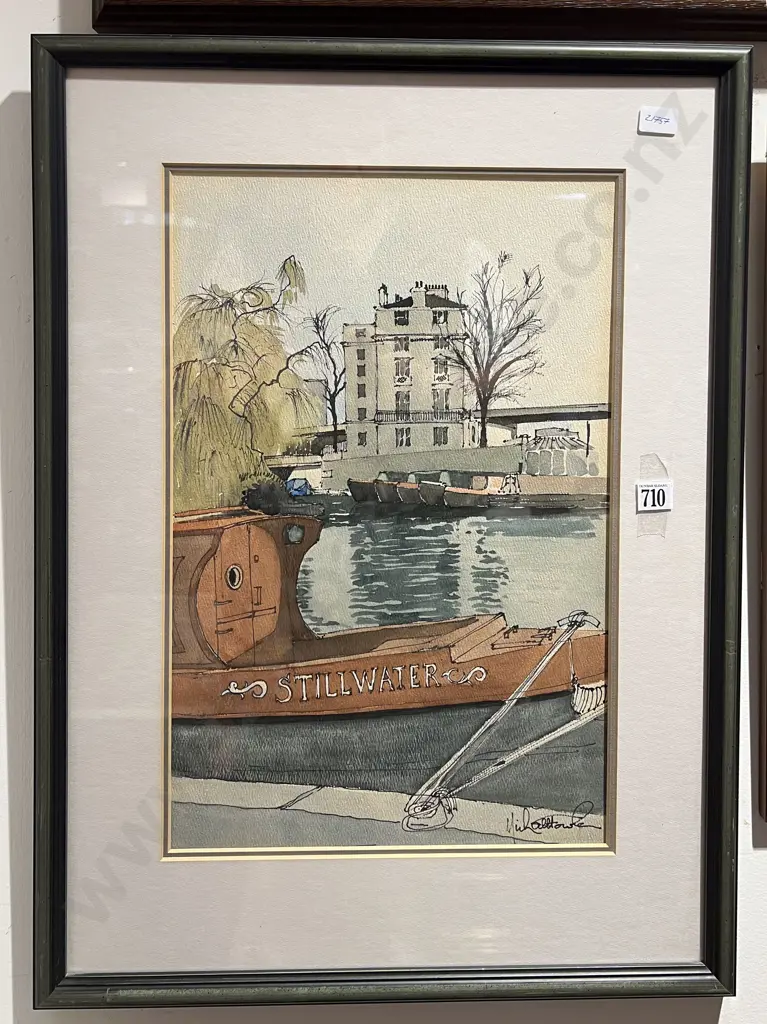 Indistinctly Signed - "Still Water Craft Little Venice Paddington London" - Watercolour & Ink Image 1++