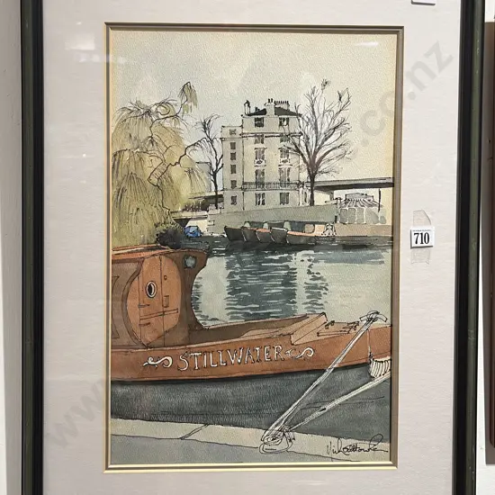 Indistinctly Signed - "Still Water Craft Little Venice Paddington London" - Watercolour & Ink