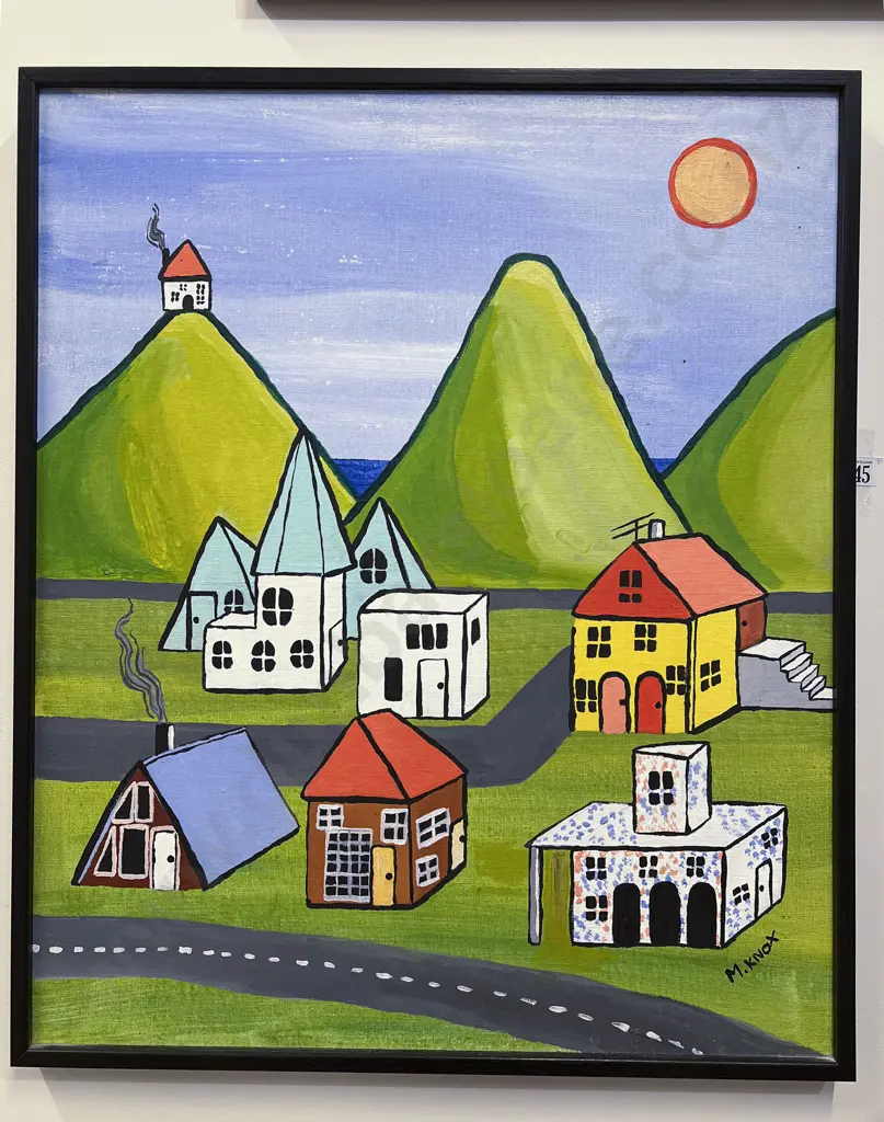 M. Knox - Naive Hillside Townscape - Oil on Board Image 1++