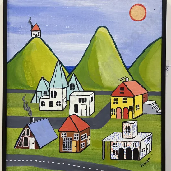 M. Knox - Naive Hillside Townscape - Oil on Board