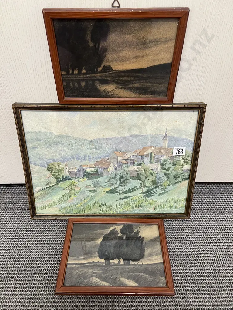 Hillside Townscape Watercolour together with Two Prints Image 1++