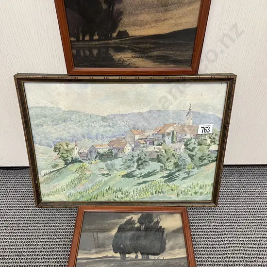 Hillside Townscape Watercolour together with Two Prints