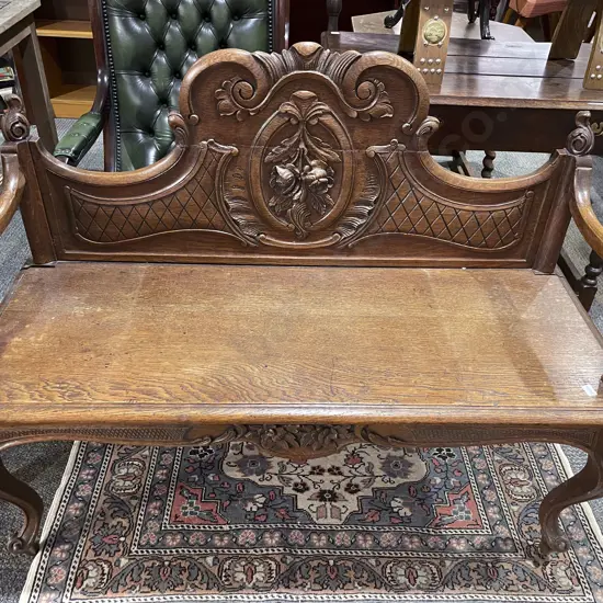 Carved Oak Settle with Repair to Back