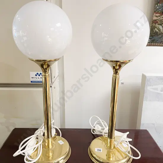 Pair of Brass Table Lamps with Frosted Glass Globe Shades