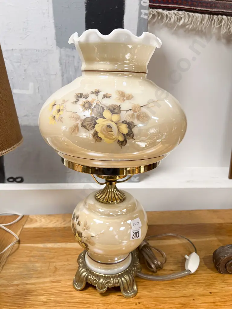 Electrified Kerosene Lamp with Floral Lustre Glass Shade Image 1++