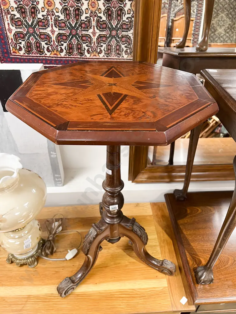 Tripod Base Octagonal Wine Table with Parquetry Inlaid Top Image 1++