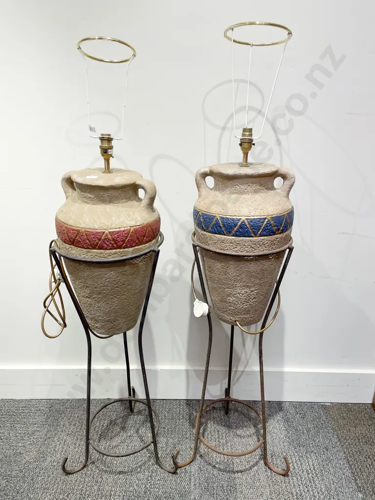 Pair of Pottery Lamps on Wrought Metal Bases Image 1++