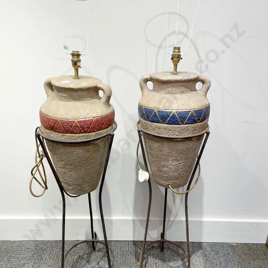 Pair of Pottery Lamps on Wrought Metal Bases