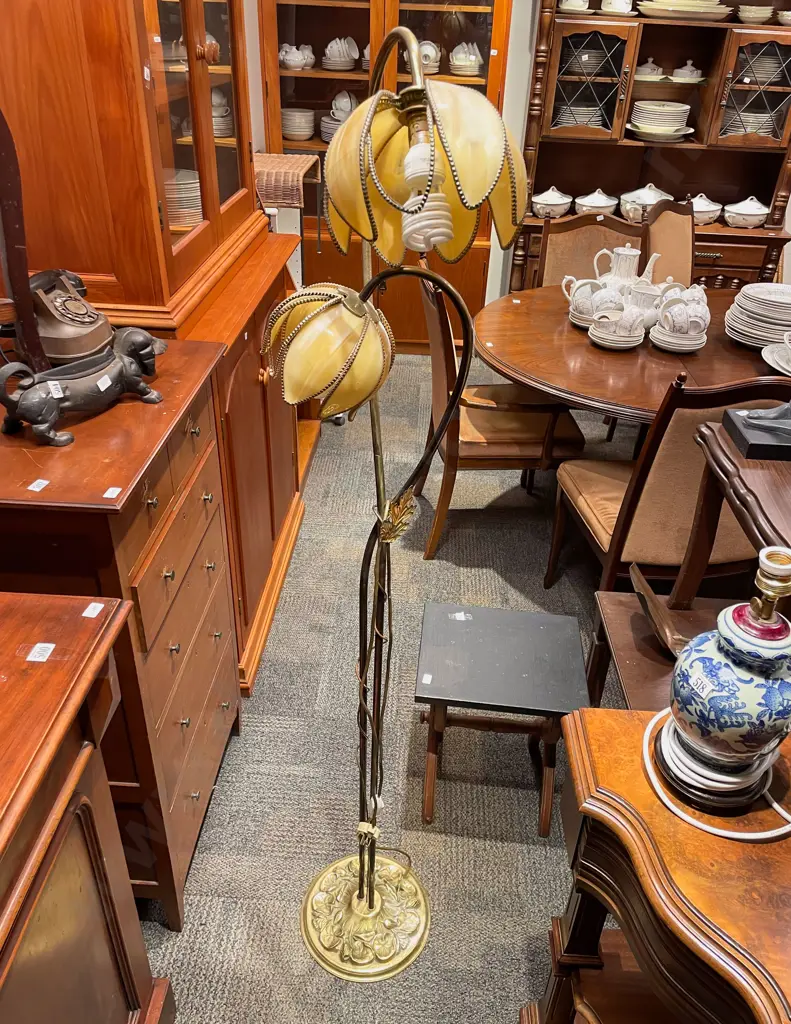 Brass Floral Form Two Branch Standing Lamp (A/F) Image 1++