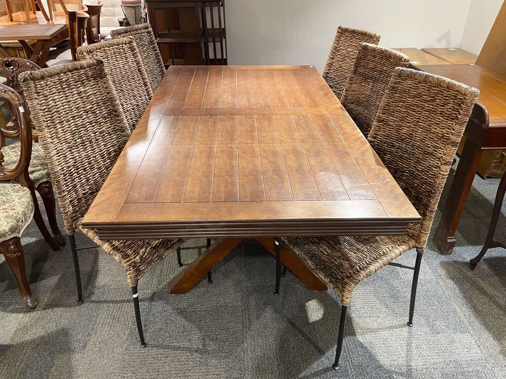 Modern Dining Table with Six Rush Seated Slash Backed Chairs Image 1++