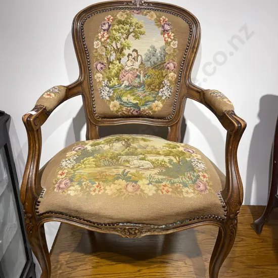 French Style Oak Tapestry Backed/Seated Open Armchair