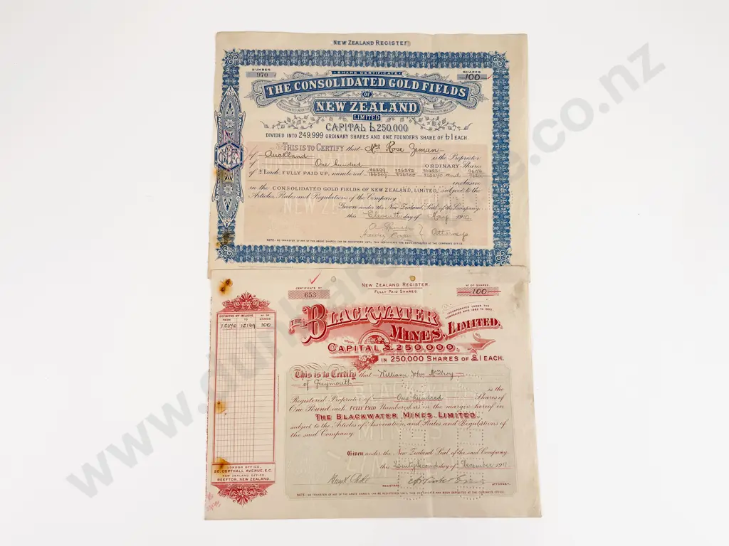 Two NZ Register Gold & Minefields Share Certificates *NOTE PHOTO CHANGE Image 1++