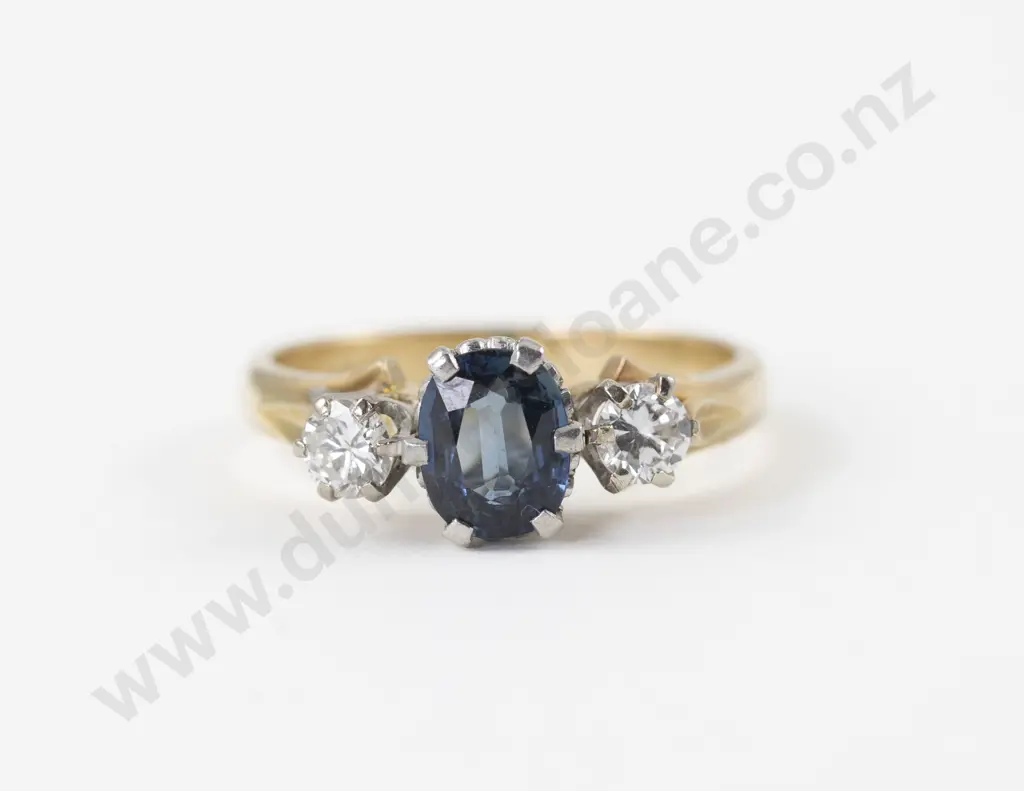 18ct Three Stone Sapphire and Diamond Ring Image 1++