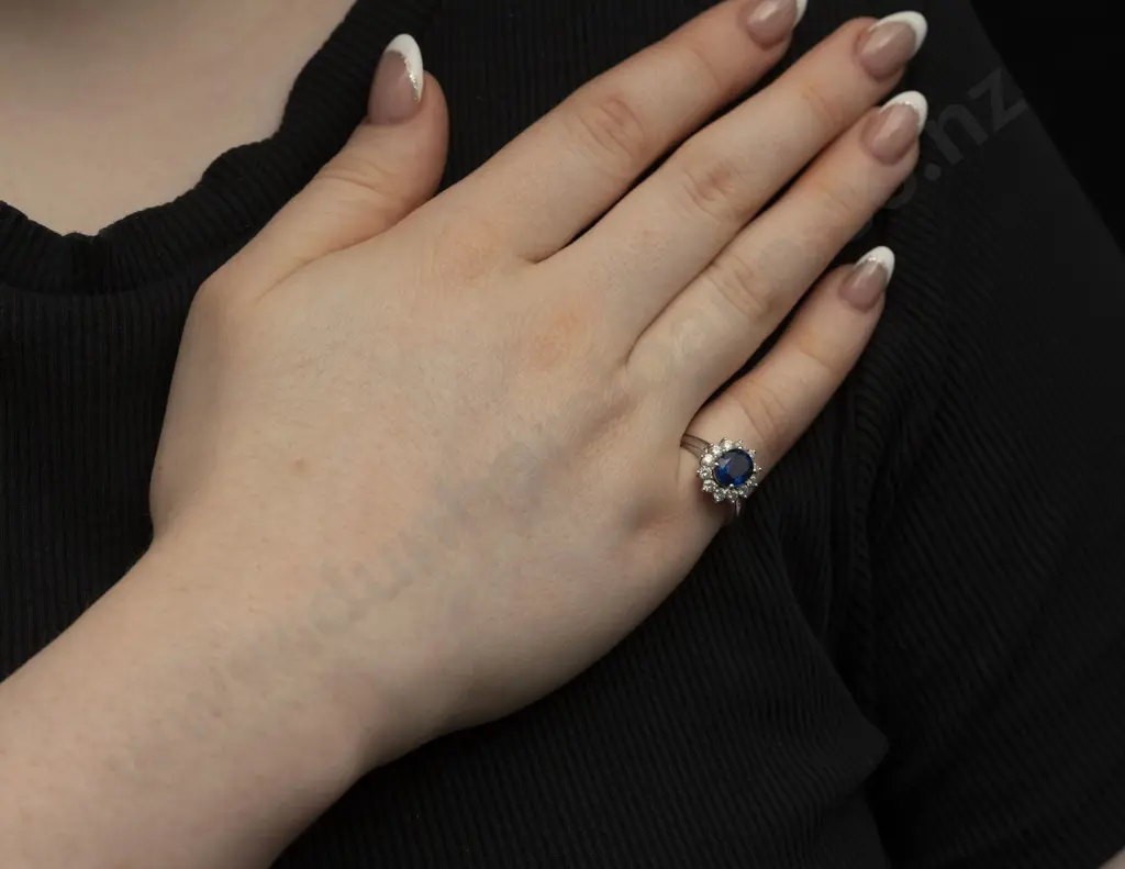 18ct White Gold 13Stone Sapphire and Diamond Cluster Ring Image 1++