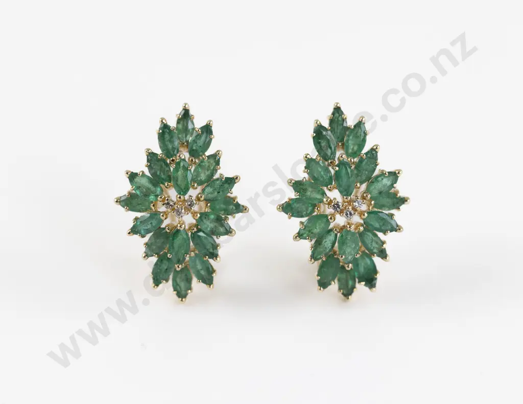 Pair 14ct Diamond and Emerald Cluster Earrings Image 1++