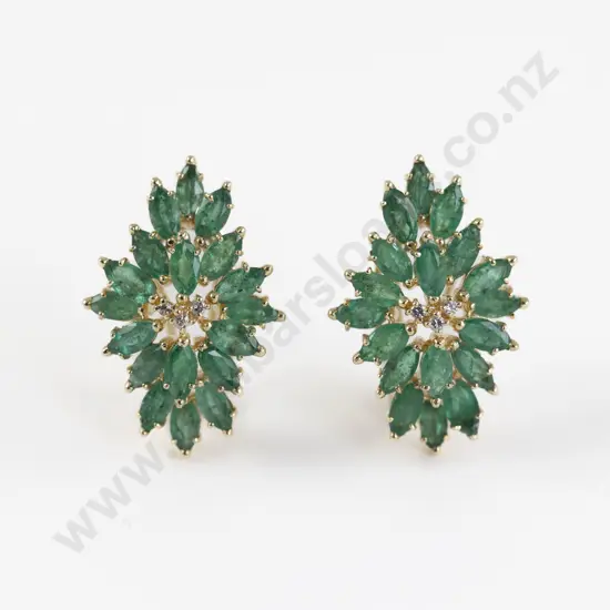 Pair 14ct Diamond and Emerald Cluster Earrings