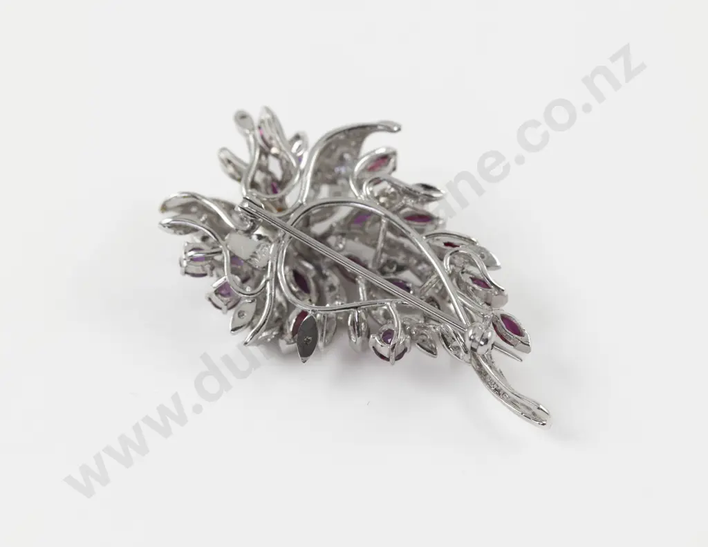 9ct White Gold 88Stone Diamond and Ruby Cluster Brooch Image 1++