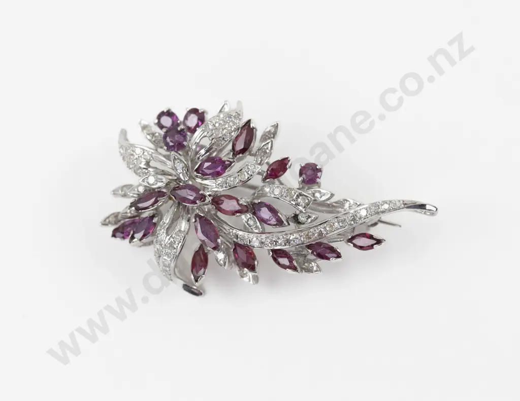 9ct White Gold 88Stone Diamond and Ruby Cluster Brooch Image 1++