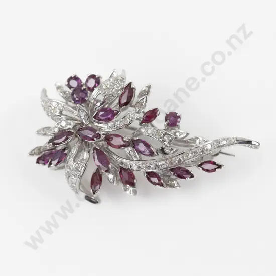 9ct White Gold 88Stone Diamond and Ruby Cluster Brooch
