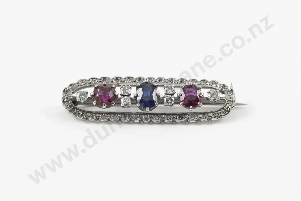 All Platinum Nine Stone Ruby Sapphire and Diamond Brooch Image 1++