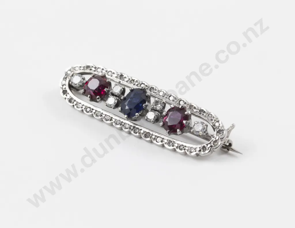All Platinum Nine Stone Ruby Sapphire and Diamond Brooch Image 1++
