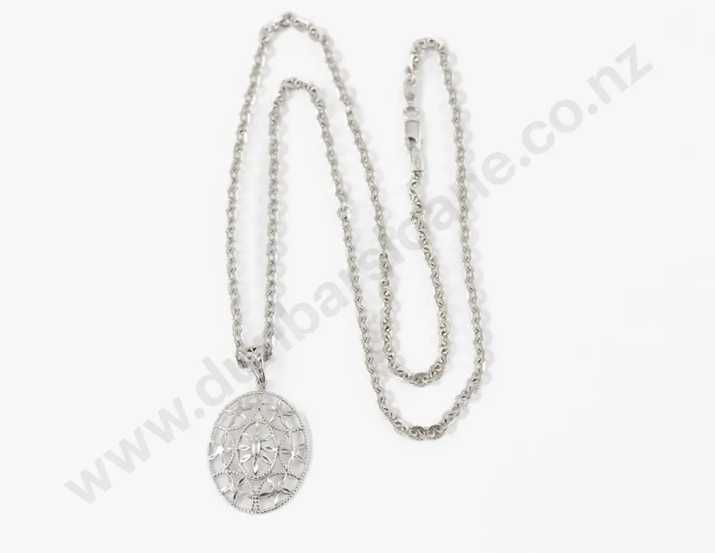 18ct White Gold Oval Floral Pendant on 18ct Fancy Curb Link Neck Chain Image 1++