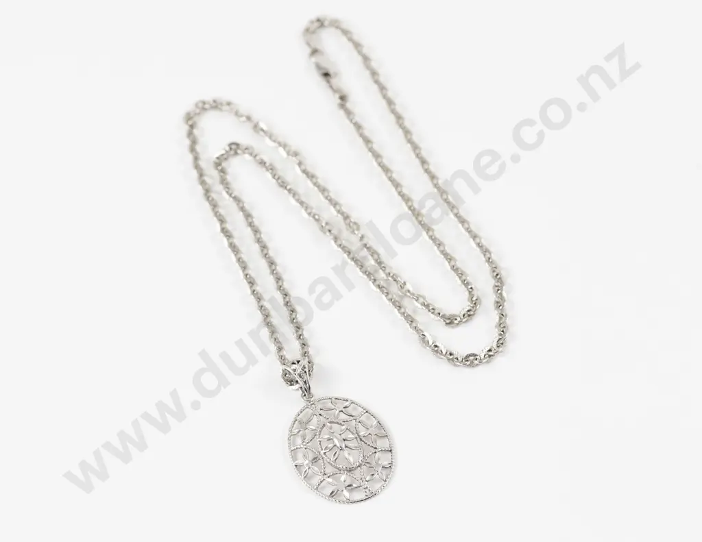 18ct White Gold Oval Floral Pendant on 18ct Fancy Curb Link Neck Chain Image 1++