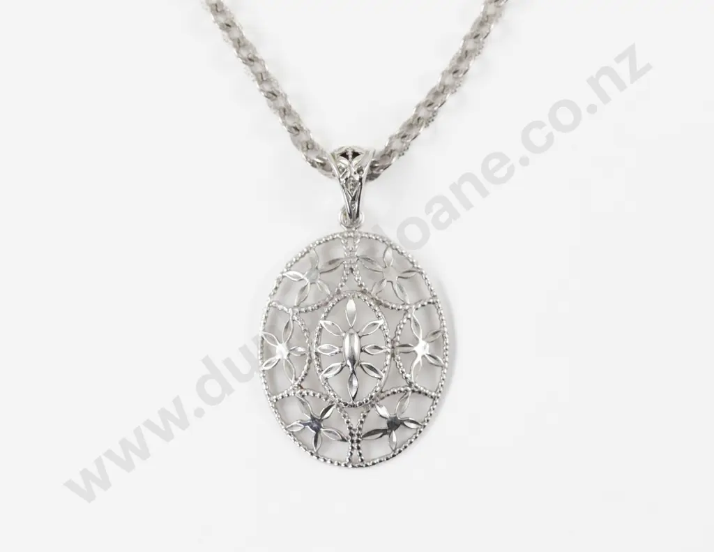 18ct White Gold Oval Floral Pendant on 18ct Fancy Curb Link Neck Chain Image 1++