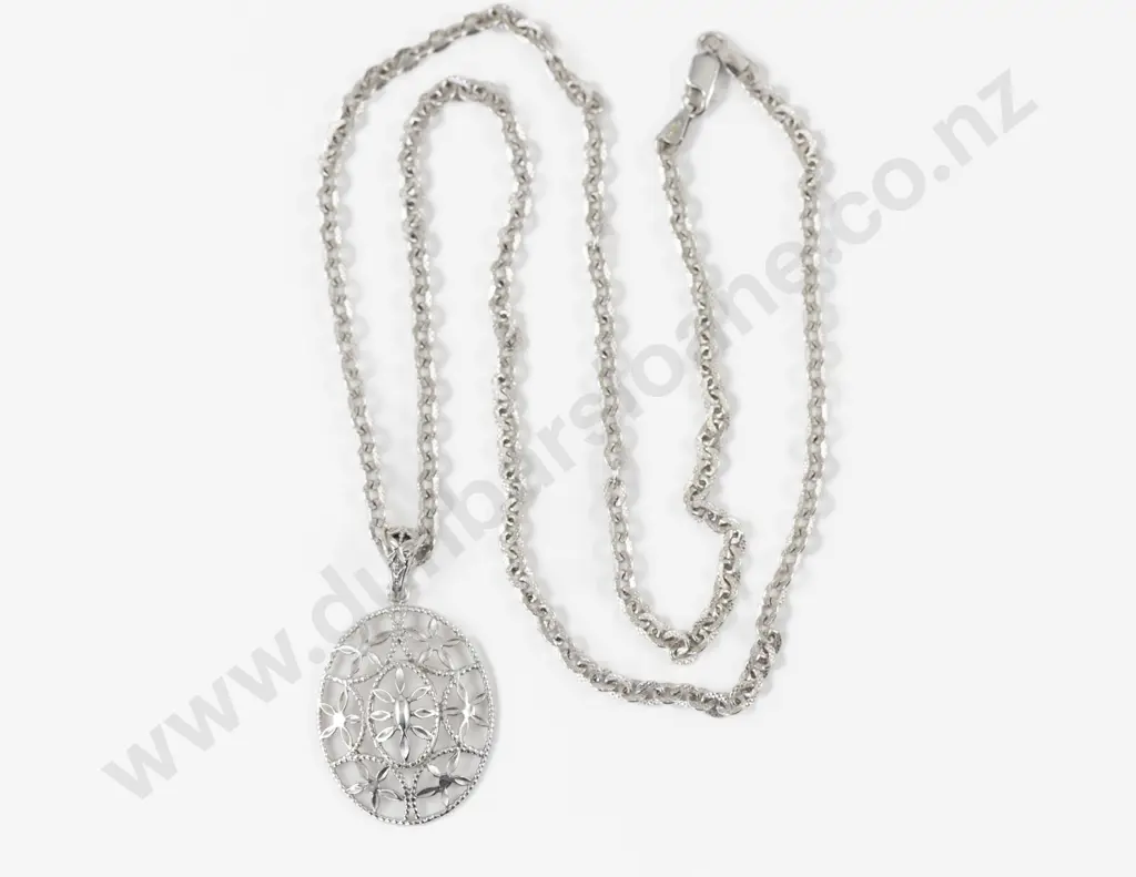 18ct White Gold Oval Floral Pendant on 18ct Fancy Curb Link Neck Chain Image 1++