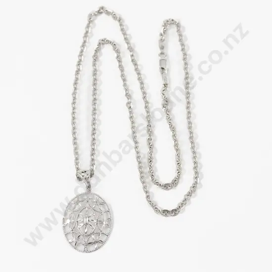 18ct White Gold Oval Floral Pendant on 18ct Fancy Curb Link Neck Chain
