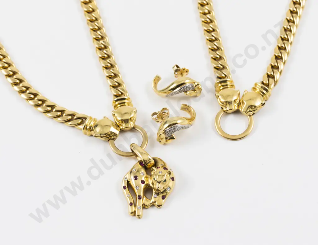 18ct Diamond and Ruby Panther Necklace Bracelet and Earring Suite Image 1++