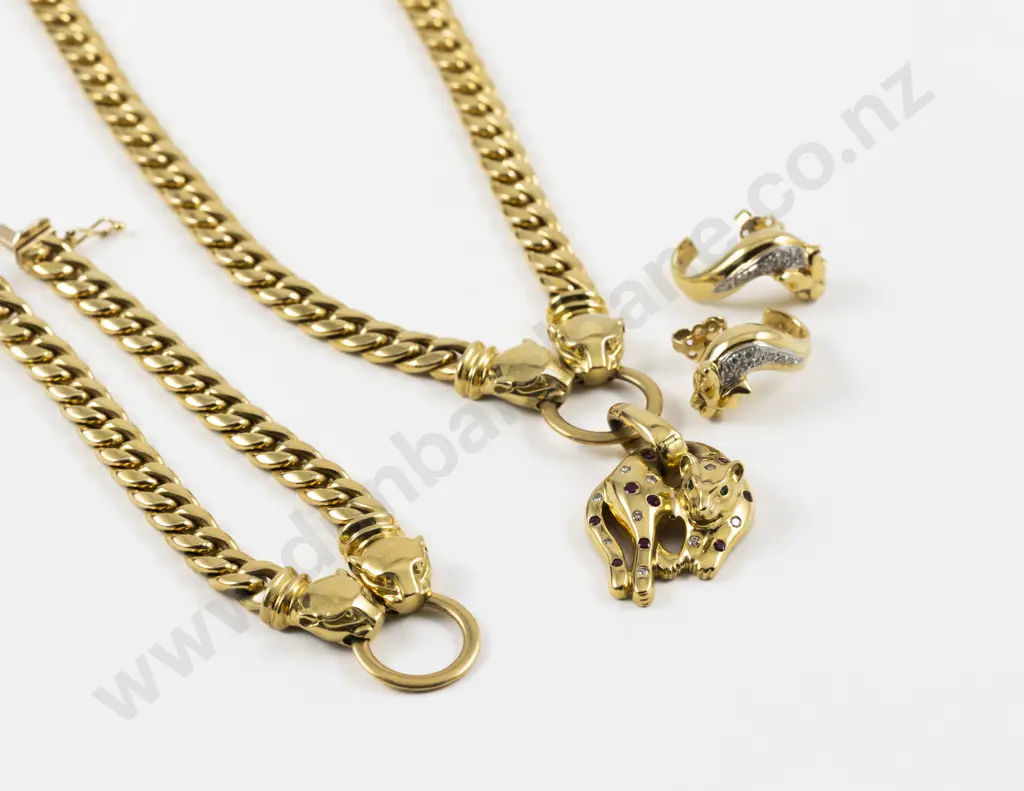 18ct Diamond and Ruby Panther Necklace Bracelet and Earring Suite Image 1++