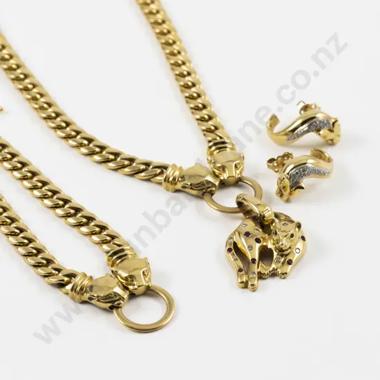 18ct Diamond and Ruby Panther Necklace Bracelet and Earring Suite