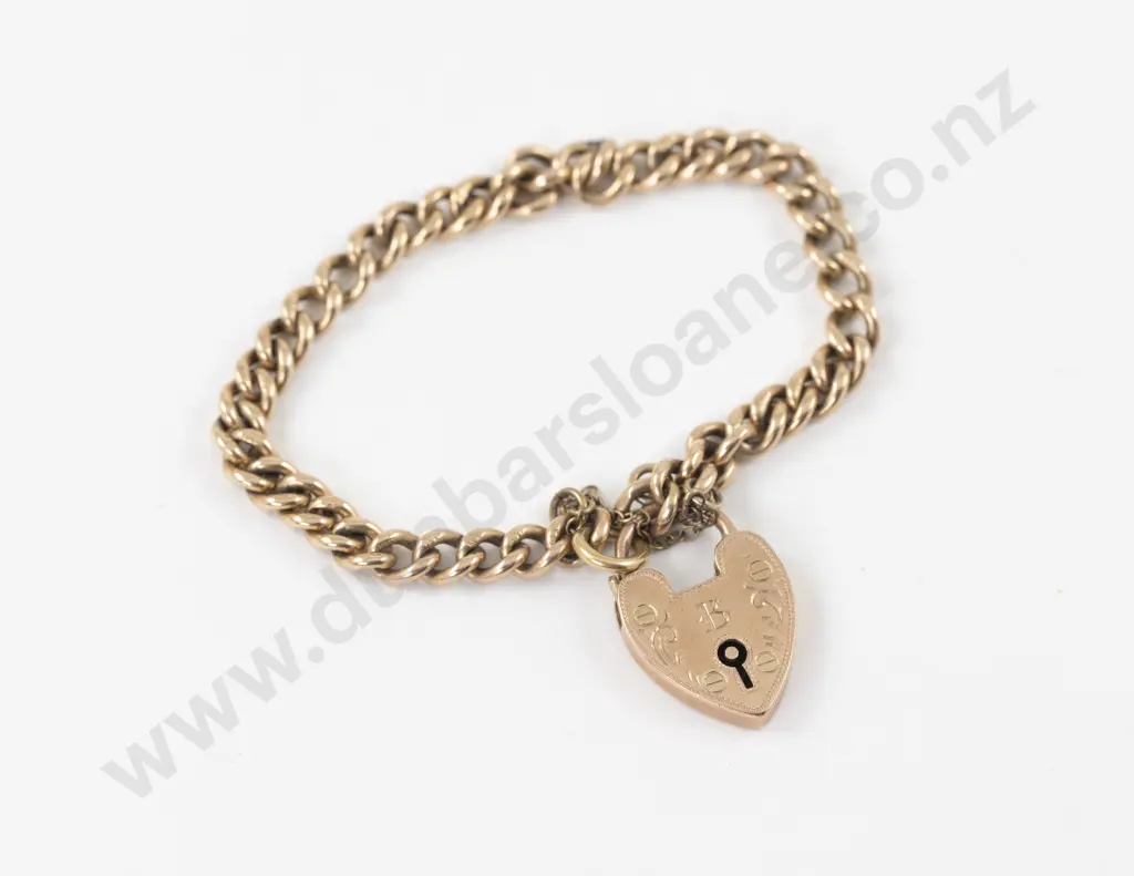 9ct Fancy Curb Link Bracelet with Heart Padlock Clasp Image 1++