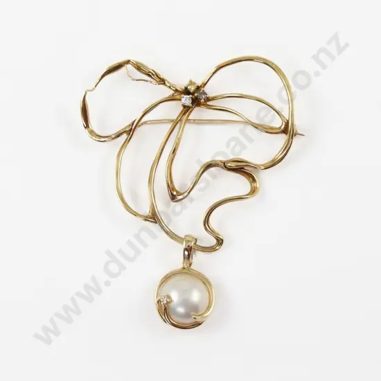 18ct Pearl and Diamond Ribbon Bow Brooch