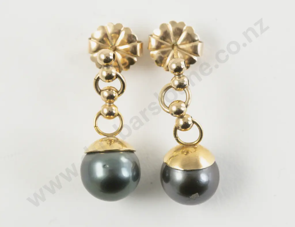 Pair 14ct Black Tahitian Pearl Pendant Drop Earrings Image 1++