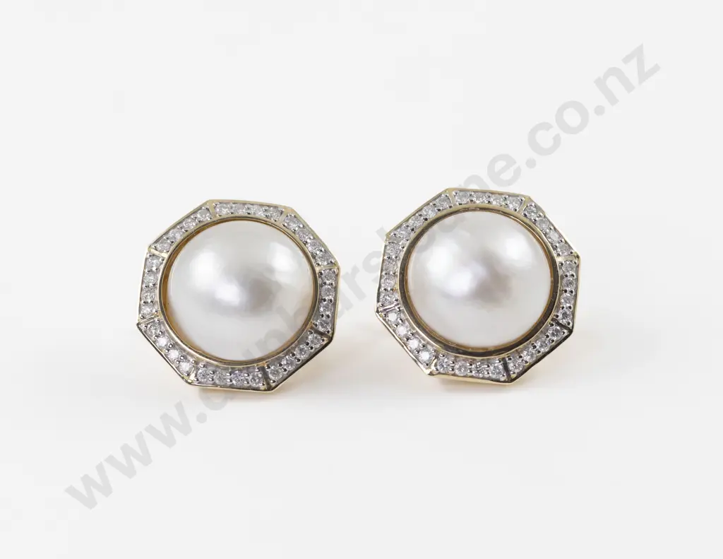 Pair 14ct Mabe Pearl and Diamond Dress Earrings Image 1++